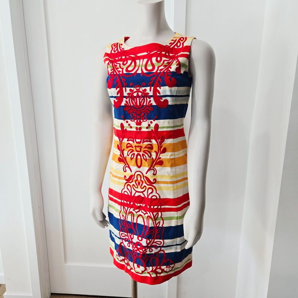 Tabitha Anthropologie Sheath Dress Sz‎ 2 Rainbow Stripe Embroidered Sleeveless